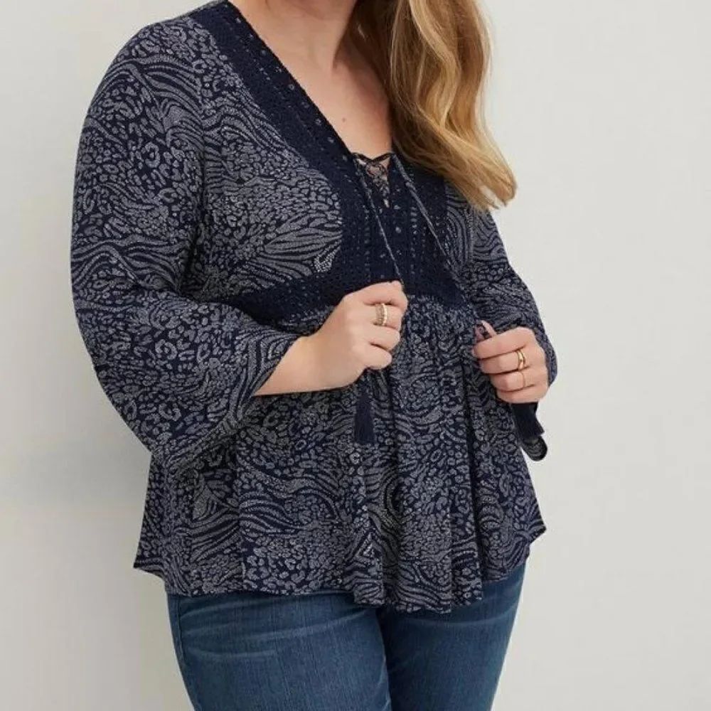 Torrid Blue Baby Doll Gauze Crochet Trim Lace top, size 1X